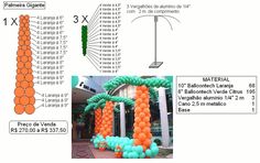 an orange and green balloon arch is shown with numbers on the columns, and balloons are arranged around it