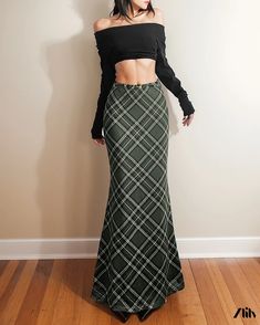 Zlily - Solid Color Slim Fit High-Waisted Plaid Mermaid Skirt Midi Skirt Fishtail Skirt, Skirt Midi, Mermaid Skirt, Skirt Skirt, Plaid Skirt, Green Skirt, Plaid Skirts, Types Of Skirts, Skirt Length