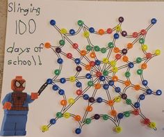 a spiderman string art project for the 100th day of school with legos and beads