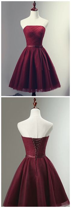 Beautiful Burgundy Knee Length Lace Up Tulle Party Dress Knee-length Tulle Evening Dress For Party, Knee-length Tulle Dresses With Fitted Bodice, Sleeveless Tulle Dress For Party Season, Party Dress With Knee-length Tulle Skirt, Knee-length Wedding Corset Dress, Knee-length Corset Dress For Wedding, A-line Tulle Skirt Party Dress, Prom Tips, Dress Short Prom