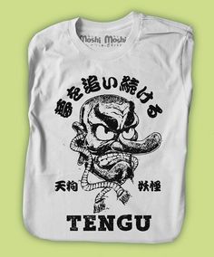 Tengu Yokai Tshirt Japanese t-shirts inspired by Japanese pop / traditional culture and Anime. We hand hand silk-screened our shirt as you made the order so please allow the current estimated shipping time to complete your order.  We mostly use Eco water base fashion inks that makes the ink part of the garment and soft to the touch. unlike typical thick and rubbery feel of plastisol inks commonly used in mass produced clothing. For black garments we usually use discharge inks which they first re Unisex Screen Print Shirt For Fan Merchandise, Unisex Fan Merchandise Shirt With Screen Print, Traditional Cotton Shirt With Graphic Print, Japan Yokai, Oni Japanese, Japanese Shirt, Japanese Tshirt, Japanese Pop, White Ink