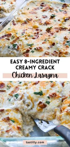 an easy and cheesy chicken lasagna casserole recipe that is ready to be eaten