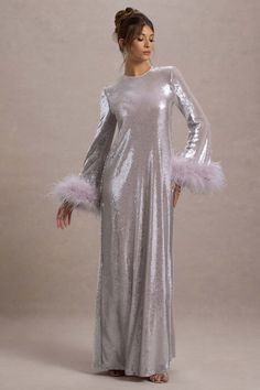 Tallie | Lilac Sequin Maxi Dress With Feather Trim Dress With Feather Trim, Club L London, Black Dress Prom, Black Tie Gala, Feather Trim, Party Dress Long Sleeve, Sequin Maxi Dress, Sequin Maxi, Christmas Party Dress