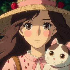 a girl in a straw hat holding a cat and looking at the camera with strawberrys on her head