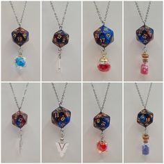 D20 necklaces with different styles on a silver stainless steel chain. Adjustable Blue Necklaces With Charms, Stainless Steel Charm Necklace With Silver Chain For Gift, Adjustable Silver Chain Charm Necklaces, Gift Stainless Steel Charm Necklace With Silver Chain, Unique Silver Chain Necklace For Gift, Red Charms Round Pendant Necklace, Blue Metal Charm Necklace With Round Pendant, Red Charms Necklace With Round Pendant, Blue Metal Charm Necklace With Adjustable Chain