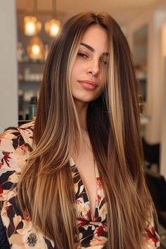 Woman with long, straight, dark brown hair featuring soft blonde blended highlights Blending, Highlights, Beauty