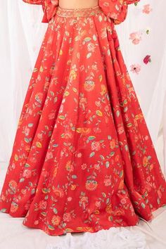 Shop for Esha Koul Red Gajji Satin Floral Print Blouse And Lehenga Set for Women Online at Aza Fashions Printed Lehenga, Floral Print Blouses, V Neck Blouse, Floral Motifs, Print Blouse, Set For Women, Floral Printed, Aza Fashion, Printed Blouse