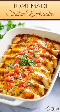 chicken enchiladas in a casserole dish Chicken For Mexican Dishes, Cozy Cook Chicken Enchiladas, Mexican Foods Easy, Easy To Make Mexican Food, Mexican Enchiladas Recipe, Enchilada Party Ideas, Quick Chicken Enchiladas Easy Dinners, Mexican Restaurant Enchiladas, Easy Mexican For A Crowd