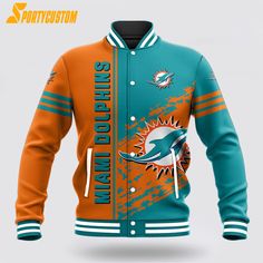 NFL Miami Dolphins Baseball Jacket For Awesome Fans Show your team spirit in style with the NFL Baseball Jacket. This classic jacket features the team... Casual Outerwear With Team Logo For Sports Events, Team-colored Outerwear With Team Name For Game Day, Team-colored Outerwear With Team Name For Sports Events, Long Sleeve Varsity Jacket With Team Name For Sports, Game Day Varsity Jacket With Team Name, Varsity Jacket With Team Name For Game Day, Team-colored Outerwear With Team Name For Sports Season, Game Day Long Sleeve Varsity Jacket With Team Name, Collegiate Outerwear With Team Name For Game Day