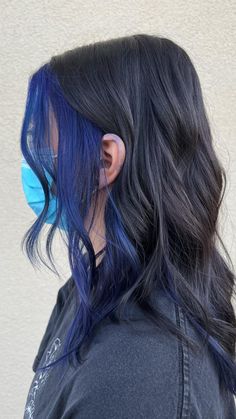 Peekaboo Hair Color Ideas For Blondes, Bottom Half Dyed Hair Blue, Midnight Blue Hair Money Piece, Dark Hair Blue Money Piece, Top Black Bottom Blue Hair, Dark Brown Hair With Blue Peekaboos, Dark Blue Hair With Money Piece, Black Hair With Dark Blue Money Piece, Black With Blue Peekaboos