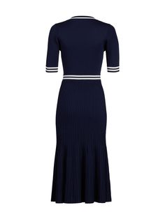 Chic Fitted Navy Dress, Casual Ribbed Dress For Daywear, Navy Fitted Casual Midi Dress, Classic Navy Spring Dress, Classic Navy Summer Dress, Elegant Navy Dress For Day Out, Classic Fitted Midi Dress For Day Out, Fitted Navy Midi Dress For Daywear, Navy Fitted Dress For Daywear