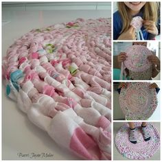 a collage of photos showing how to make a crocheted rug