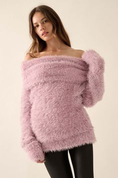 Solid, fuzzy knit sweater. Off-shoulder neckline. Convertible cowl neck collar. Long sleeves. Thigh length. Relaxed fit. 85% Nylon, 15% Polyester. Imported. Designed in LA. Model wears size S. Fuzzy Sweater, Fall Winter 2024, Cowl Neck Sweater, Style Mistakes, Winter 2024, Pink Sweater, Neck Collar, Cowl Neck, Neck Sweater