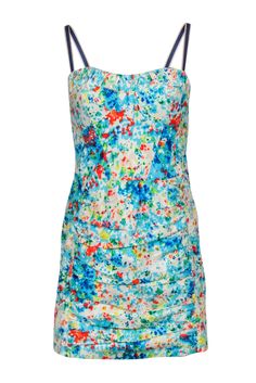 Current Boutique-Nanette Lepore - White & Multicolor Printed Sleeveless Ruched Sheath Dress Sz 4 Multicolor Print Sleeveless Mini Dress For Party, Sleeveless Multicolor Print Mini Dress For Party, Spring Dresses With Spaghetti Straps And Abstract Print, Abstract Print Spaghetti Strap Dress For Spring, Stretch Dresses For Summer Parties In Spring, Multicolor Spring Dresses With Ruched Bodice, Spring Multicolor Dress With Ruched Bodice, Sleeveless Multicolor Print Party Dress, Sleeveless Stretch Dress For Summer Parties