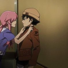 two anime characters are standing in front of a mirror and looking at each other's reflection