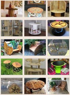 many different tables and chairs made out of pallet wood are shown in this collage