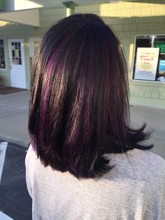 Short Hair With Purple Underneath, Black Hair With Purple Peekaboos, Dark Purple Hair Underneath Black, Purple Hair Highlights Black Women, Hidden Purple Hair, Minimal Hair Color For Black Hair, Streax Hair Color Highlights, Minimal Hair Color, Dark Violet Highlights On Black Hair