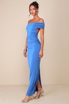 Pure perfection is easily achieved when you have the Lulus Brilliant Elegance Blue Off-the-Shoulder Backless Maxi Dress! Stretchy slinky knit fabric shapes this sensational dress that features a fitted bodice with an open-back design and a chic, off-the-shoulder neckline that flows into cute short sleeves. The figure-flaunting, column silhouette features strategic ruching along the sides and at the back as it falls to a classy maxi hem. Kick pleat at the back. Fit: This garment fits true to size Elegant Blue Maxi Dress With Ruched Back, Off-shoulder Blue Maxi Dress For Day Out, Blue Off-shoulder Maxi Dress For Vacation, Blue Ruched Backless Maxi Dress, Fitted Blue Maternity Maxi Dress, Ruched Maxi Dress, Kick Pleat, Backless Maxi Dresses, Cute Shorts