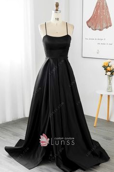 sleek black satin a line high slit long evening dress Year 6 Graduation Dresses Long, Black Sleek Wedding Dress, Long Black Dress Satin, Black Brides Mades Dresses, Grade 7 Farewell Dresses Long, Black Satin Dress For Prom, Silk Prom Dress Black, Black Grad Dresses, Black Winter Formal Dresses