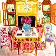 a painting of a dining room with pink flowers in a blue vase on the table