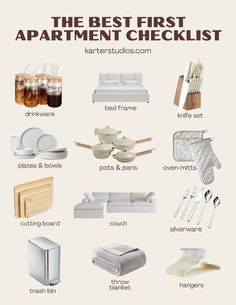 the best first apartment checklist for every type of room in your home, including furniture and kitchen items