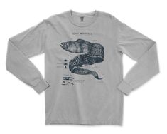 Wildlife anatomical designs screen printed onto smooth cotton long sleeves. These shirts are designed to spark conversation. Each shirt is twined and tagged giving a simple and classic presentation with vintage beach vibes. Long Sleeve Stats: * Ribbed collar and cuffs * 6.1 oz. * Double-needle stitched neck, armholes, and bottom hem * Twill-taped shoulder-to-shoulder * Preshrunk, soft-washed, garment-dyed fabric * 100% ringspun cotton * Size chart in the pictures Each design is drawn and screen Graphic Tee Long Sleeve Pre-shrunk Shirt, Long Sleeve Graphic Tee Shirt, Graphic Tee With Long Sleeves And Screen Print, Long Sleeve Graphic Tee With Screen Print, Eel Anatomy, Marine Biology Shirts, Biology Science, Moray Eel, Cover Up Beach