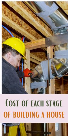 a man in a yellow hard hat working on a house with text overlay that reads cost of each stage of building a house