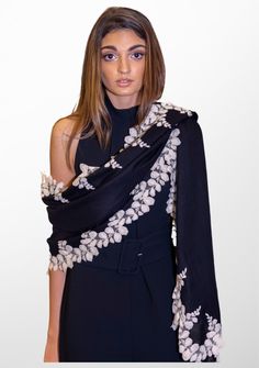 Woven from a fine silk and wool blend, this black scarf features a contrasting beige bold scalloped edging lace border. This chic and contemporary accessory keeps you stylishly warm. Black Wool Scarf, Spring Collection Fashion, Luxury Scarves, Lace Cutout, Scarf For Women, Black Scarf, Summer Scarves, Lace Border, Pink Linen