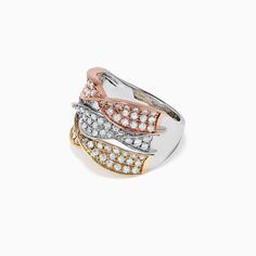 Effy Trio 14K Tri Color Gold Diamond Twist Ring, 1.24 TCW Rose Gold Multi-stone Cubic Zirconia Ring, Elegant Multi-stone Wide Band Rings, Twist Ring, Tri Color, Round Diamonds, Gold Diamond, Gold Metal, Coin Purse, Twist