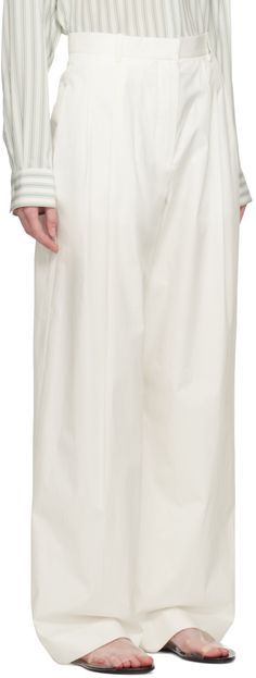 Cotton poplin trousers. · Belt loops · Two-pocket styling · Zip-fly · Pleats at front Supplier color: Off-white Classic White Wide Leg Pants With Welt Pockets, White Wide Leg Pants With Welt Pockets For Work, White Wide Leg Pants With Welt Pockets, White Pants With Pockets For Daywear, White Classic Wide Leg Pants With Pockets, Classic White Wide Leg Pants With Pockets, White Wide Leg Pants With Pockets For Daywear, Spring White Wide Leg Pants With Welt Pockets, White Ankle-length Pants With Welt Pockets