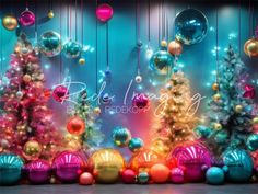 colorful christmas trees and ornaments against a blue background