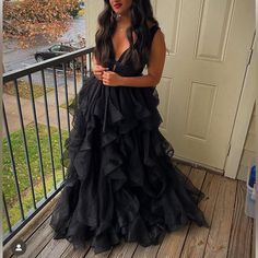 Sherri Hill, Multi-Layered Gown Black Ruffled Gown For Party, Black Ruffled Party Gown, Party Gown With Ruffles In Black, Black V-neck Gown With Sweep Train, Black Ball Gown Evening Dress For Prom, Black Ruffled Gown For Prom Season, Black Ruffle Gown For Prom Season, Black Evening Gown With Sweep Train, Black Ball Gown Evening Dress With Sweep Train