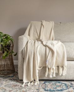 a white blanket sitting on top of a couch next to a potted plant