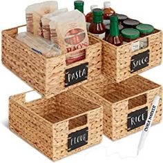 three wicker baskets filled with food and condiments