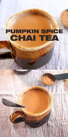 pumpkin spice chai tea in a mug with spoons on the side and an image of