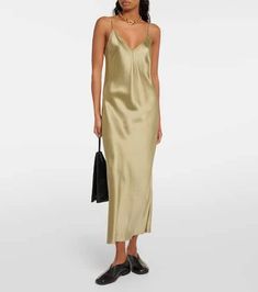 Material: 100% silk.Care instructions: hand wash.Made in China.Designer color name: Dark Olive.Adjustable shoulder straps.True to size.Cinched waist.Non-stretchy fabric.The model seen in the picture is 178cm-5'10' and wearing a size FR 36 Name Dark, Silk Satin Dress, Satin Midi Dress, Green Midi Dress, Satin Slip, Silk Kimono, Satin Slip Dress, Blue Midi Dress, Clothing Dresses