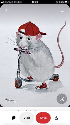 a painting of a rat on a scooter wearing a red hat and cap