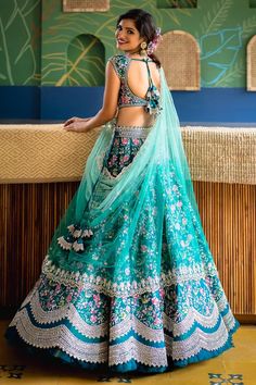 Buy Anushree Reddy Green Floral Embroidered Lehenga Set Online | Aza Fashions Green Plain, Indian Dresses Traditional, Indian Bridal Dress, Party Wear Lehenga