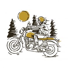 a man riding on the back of a motorcycle down a road next to pine trees