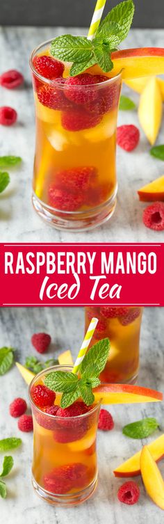 raspberry mango iced tea with mint garnish