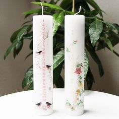 two white candles sitting on top of a table next to a potted green plant