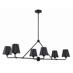 a black chandelier with five lamps hanging from it's center and four shades on the bottom