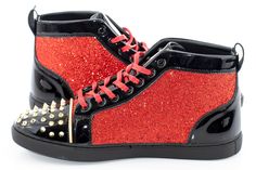 Assertive and stylish, this high-top's spiked toe wide laces create a powerful impact, while its glittered quarter adds a dash of flair for a street-wise style. Mens Dress Sneakers, Dress Sneaker, Golden Spike, Black High Tops, Red Glitter, Wedge Sneaker, Lace Tops, High Top, High Top Sneakers