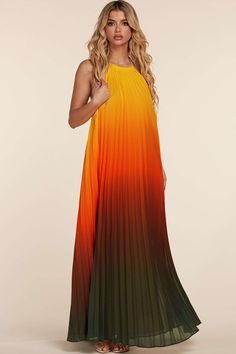 Beautifully effortless Strapless Halter Maxi Dress in cascading pleats boasts a bright Ombre. The gold strap at the neckline ties into a bow at the sexy open backLined - Elastic band in the back neckline Fabric: Self & Lining: 100% Polyester – Lightweight Pleated Fabric – Stretchy – Gold Straps Neckline Model is wearing Size Small Uzun Boy, Sunset Ombre, Ombre Maxi Dress, Ombre Dress, Halter Maxi Dress, Rainbow Dress, Strapless Maxi, Halter Maxi, Backless Maxi Dresses