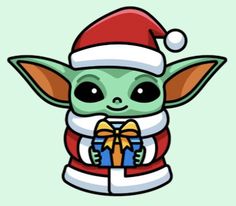 the baby yoda is wearing a santa hat and holding a gift box with presents in it