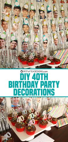 a birthday party with cupcakes and pictures on the wall behind it that says diy 40th birthday party decorations