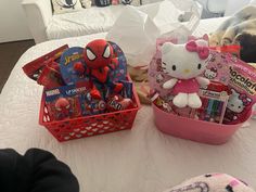 hello kitty and spider - man baskets on a bed with a dog in the background