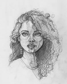 a drawing of a woman's face with curly hair and piercings on her nose