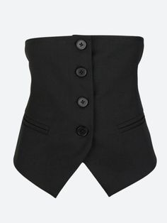 This corset top features a sophisticated button-up design and a flattering underbust cut, perfect for accentuating your silhouette. The structured fit and sleek black fabric add a touch of drama, making it an ideal choice for both formal and edgy looks. Pair it with your favorite skirt or trousers for a standout ensemble. Office siren style Button fastening at front Asymmetric hem Adjustable bandage at back Fake pockets Cotton Siren Style, Fall Sweaters For Women, Edgy Looks, Crop Pullover, Denim Hoodie, Jogger Pants Casual, Office Siren, Underbust Corset, Strapless Tops