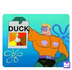 a cartoon character holding up a duck and an image of a man in the background